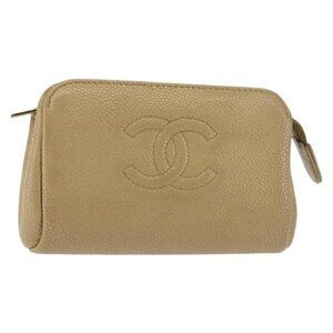 CHANEL Grained Calf Skin Pouch Beige Gold